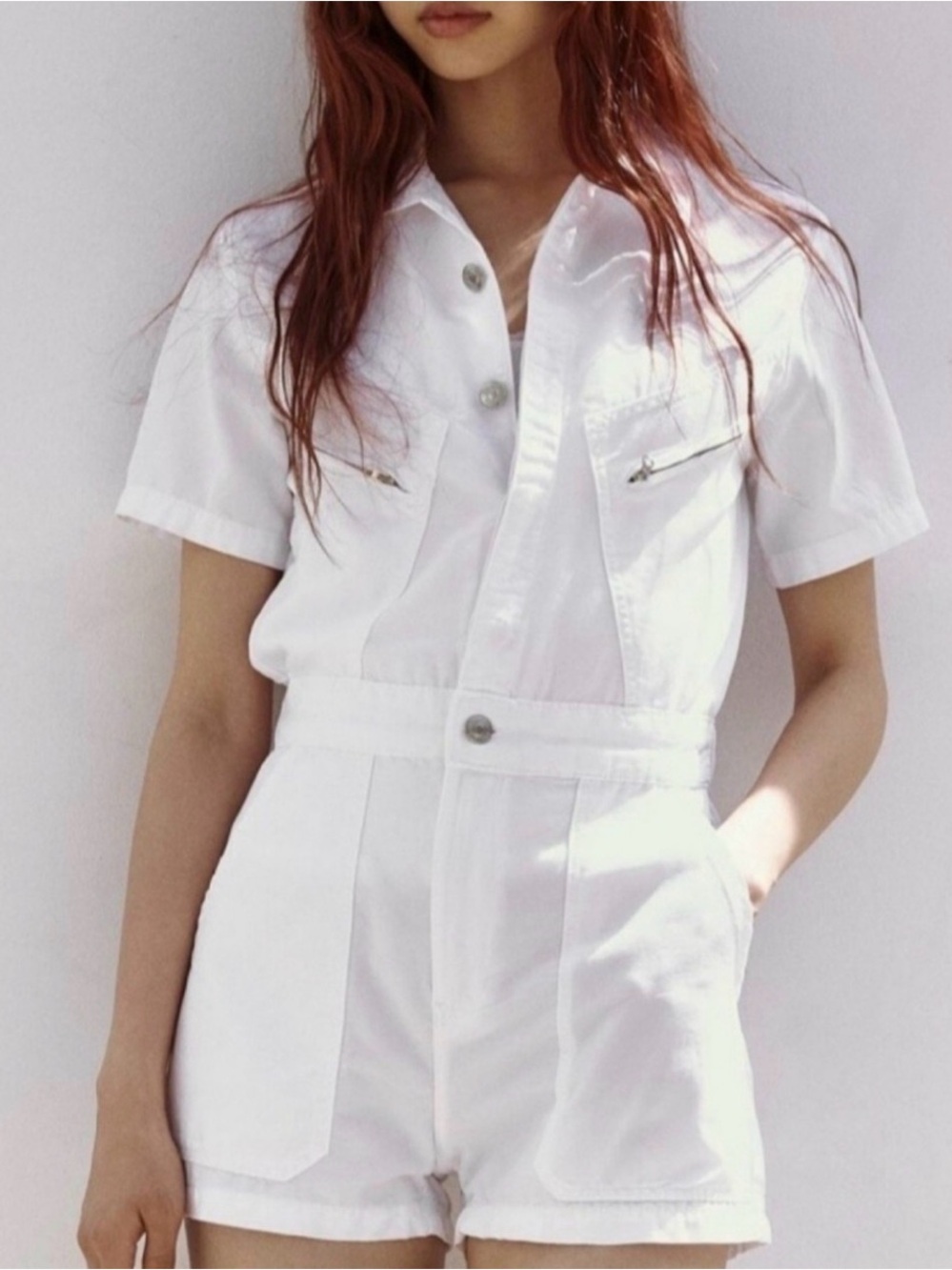 Zara White Short Sleeve Utility Romper NWT